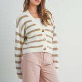 STRIPED BUTTON FRONT LONG SLEEVE CARDIGAN - BMC7312