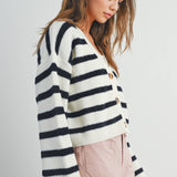 STRIPED BUTTON FRONT LONG SLEEVE CARDIGAN - BMC7312