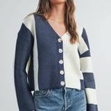 BMC7445 - COLOR BLOCK BUTTON DOWN CARDIGAN