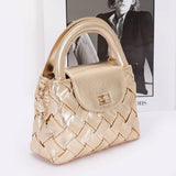 Faux Metallic Leather Braided Embossed Handle Bag