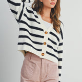 STRIPED BUTTON FRONT LONG SLEEVE CARDIGAN - BMC7312