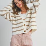 STRIPED BUTTON FRONT LONG SLEEVE CARDIGAN - BMC7312