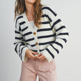 STRIPED BUTTON FRONT LONG SLEEVE CARDIGAN - BMC7312