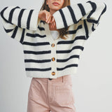 STRIPED BUTTON FRONT LONG SLEEVE CARDIGAN - BMC7312