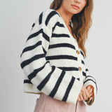 STRIPED BUTTON FRONT LONG SLEEVE CARDIGAN - BMC7312